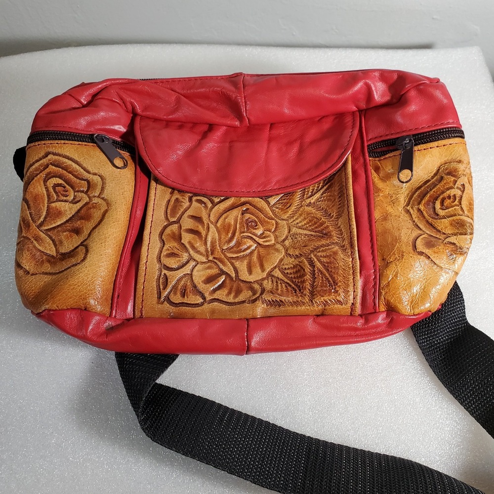 Vintage Artisan Fanny Pack Tooled Leather Floral Rose Red Accents